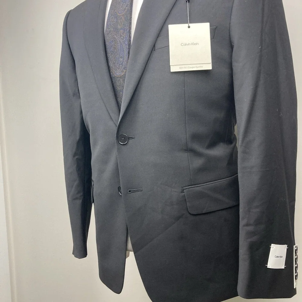 Calvin Klein Mens Slim-fit Suit Jacket Blazer 44S Black Solid Wool Blend